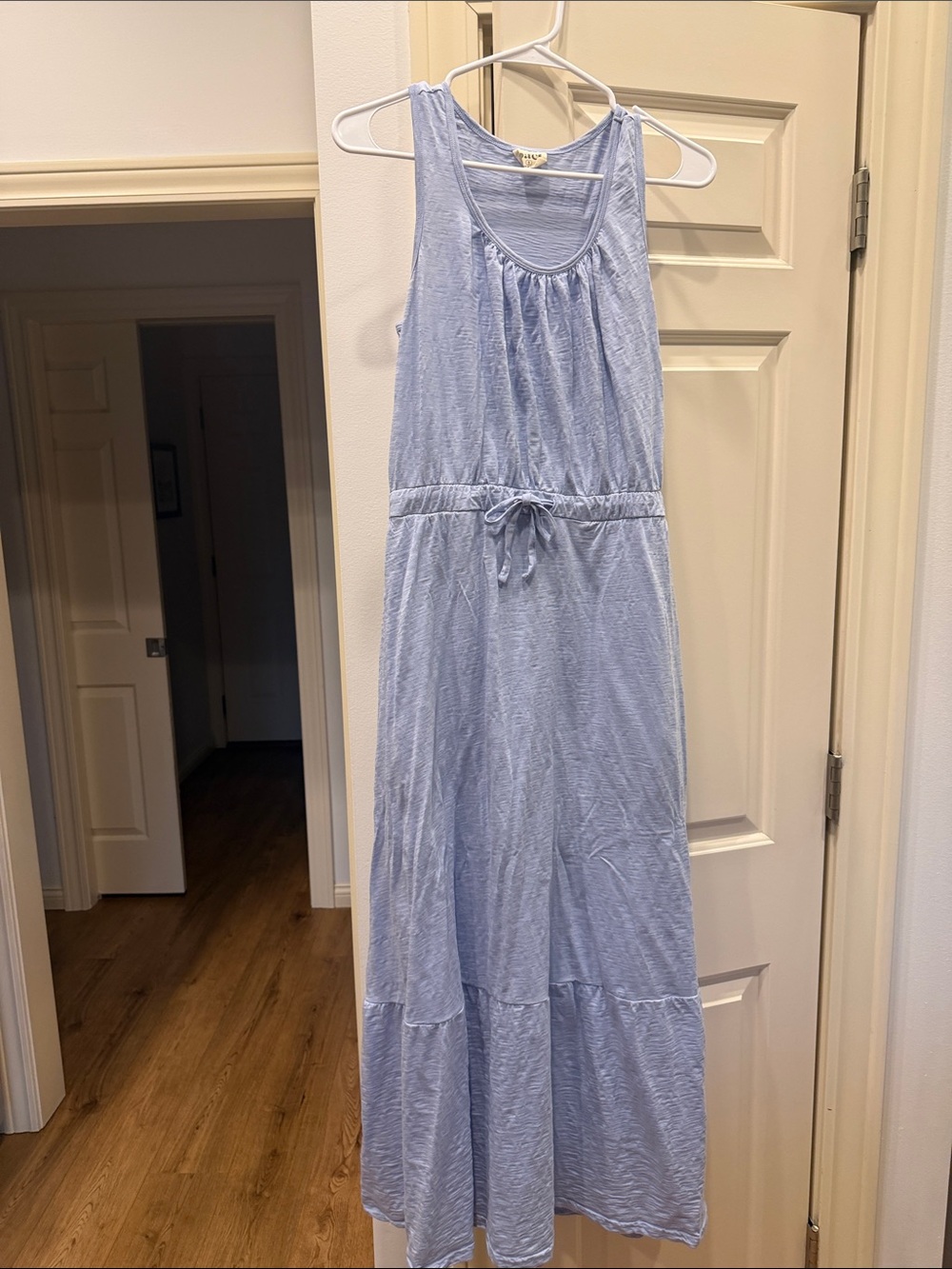 Pact Organic Women’s Racerback Blue Sleeveless Maxi Dress with Tie Waist